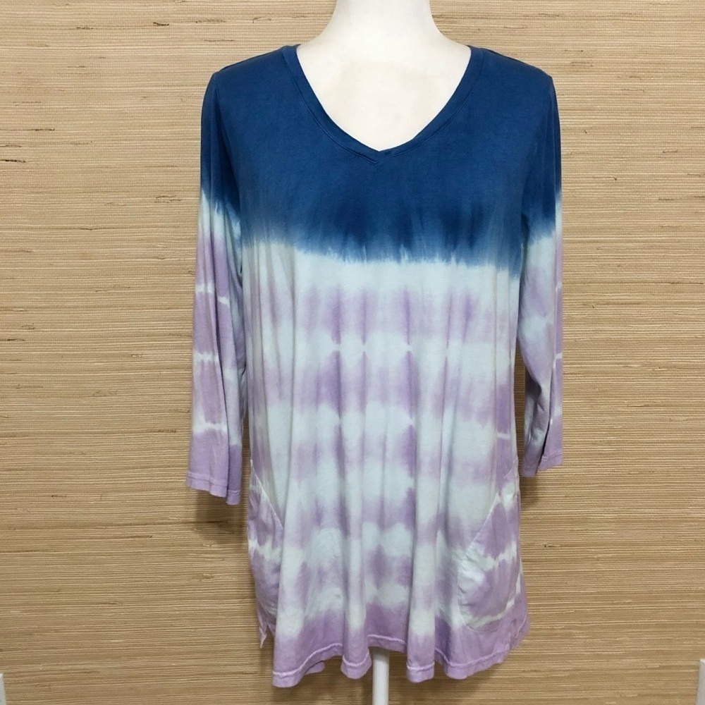 LOGO Blue Purple Tie Dye 7/8 Sleeve V Neck Top Large